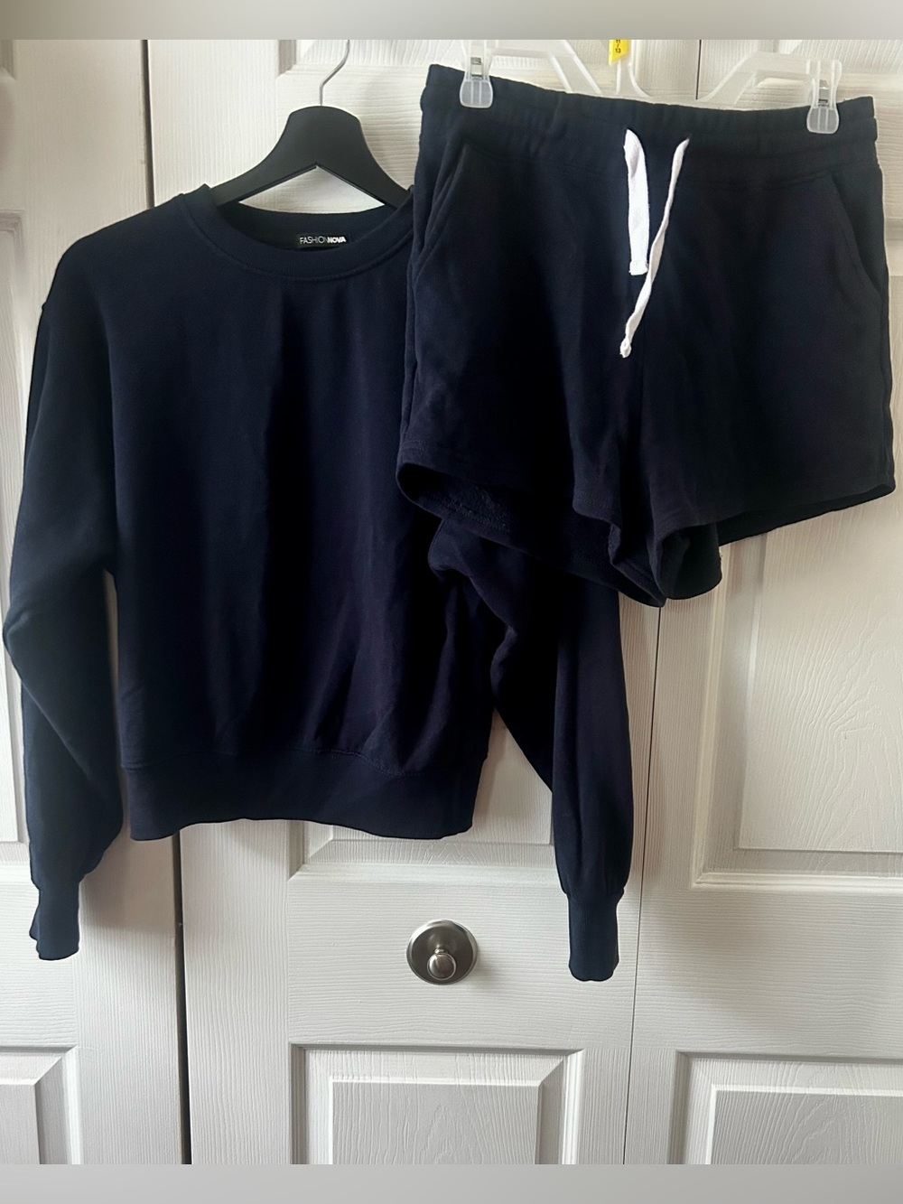 Fashion Nova Navy Blue Sweat Set | Long Sleeve & Pocket Shorts | Medium